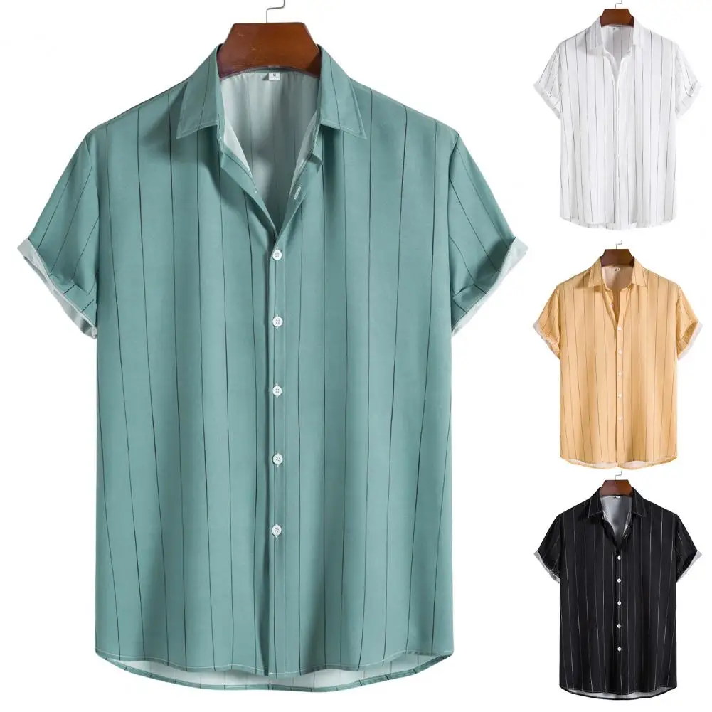 

Men Shirt Stripe Soft Buttons Breathable Colorfast Short Sleeves Cardigan Loose Turn-down Collar Single-breasted Summer Tops