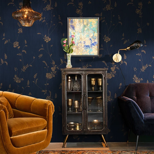 วอลเปเปอร์ลายดอกไม้สีกรมท่าสไตล์วินเทจแบบลอกติดเอง ลายดอกไม้และใบไม้สำหรับตกแต่งเฟอร์นิเจอร์ ตู้ สติ๊กเกอร์กันน้ำ 1