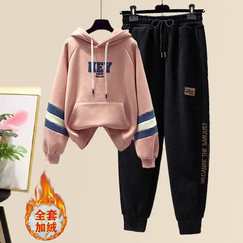 Plush Thickened Letter Printed Hoodie Sports Leggings Two Piece Fashion Women's Sports Suit Winter Outfits Tracksuit Style Waist