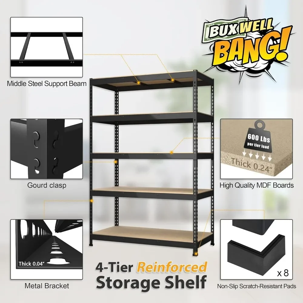 2 Packs 48" W x 24" D x 72" H Adjustable Garage Storage Shelves - 5-Shelf Heavy Duty Shelving Unit 4