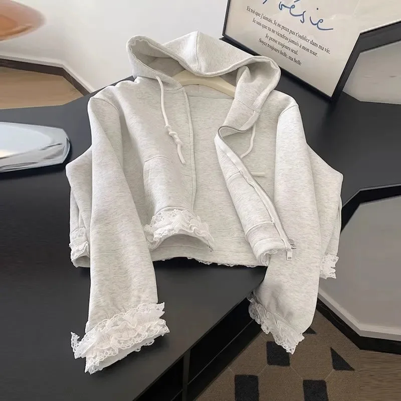 Lace Patchwork Sweet Hoodies Women Spring Preppy Style Long Sleeve Cute Sweatshirt Fashion Pockets Female Loose Korean Tops New