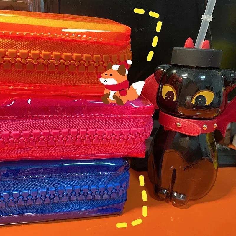 Large Zipper Pencil Case Color Square Large Capacity Student Stationery School Supplies Fluorescent Transparent PVC Storage Bag Pencil Cases