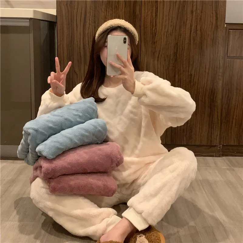 

Autumn Winter New Women's Warm Flannel Home Clothes Pajamas Set Two Piece Set Lounge Sets Loungewear Sleep Tops Kawaii Pajama