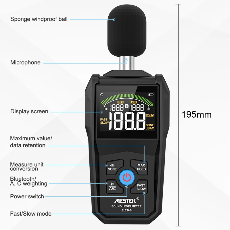 Digital Sound Level Meter 30~130dB A/C Weighting Fast/Slow Adjustable Noise  Meter Decibel Detector with Bluetooth Communication