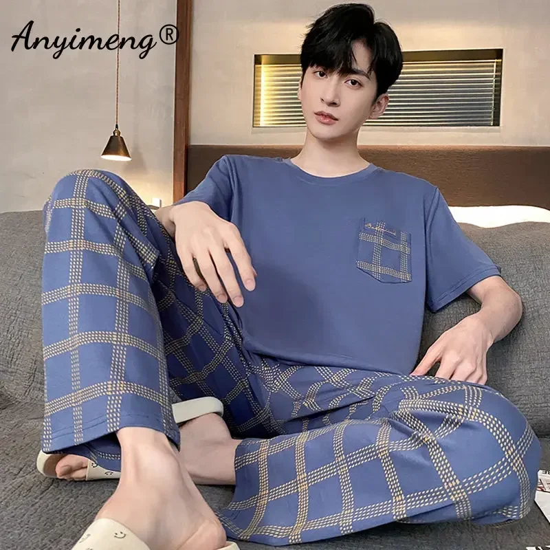 Pajama Sets Men Summer Knitted Cotton Pajamas Set Short Sleeve Plaid Pants Sleepwear Plus Size 4XL