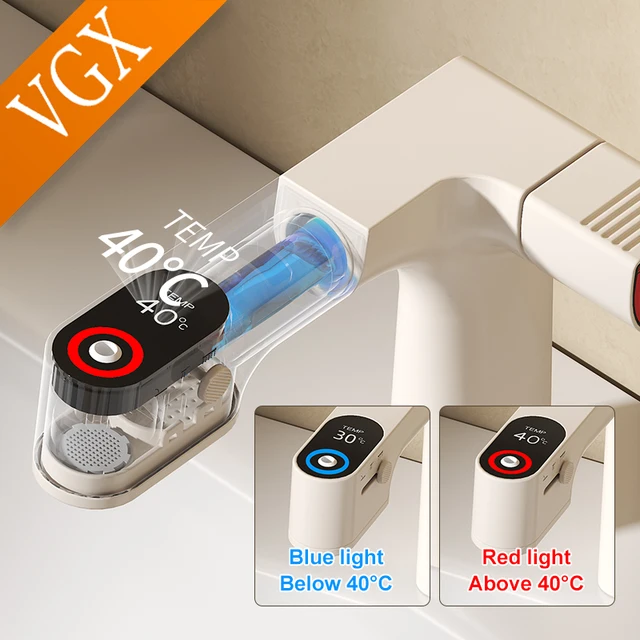 VGX Rubinetti per bagno purificati Rubinetto con filtro dell'acqua estraibile Miscelatore per lavabo bianco Rubinetto per lavabo Display a LED gourmet Gru per rubinetteria in ottone 3