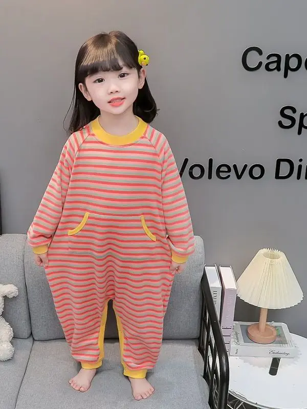 따뜻한 폴리에스터 플리스 원지 파자마, 여아용 스트라이프 디자인, 아동용 홈웨어, 봄/가을용, 및 어린이에게 적합