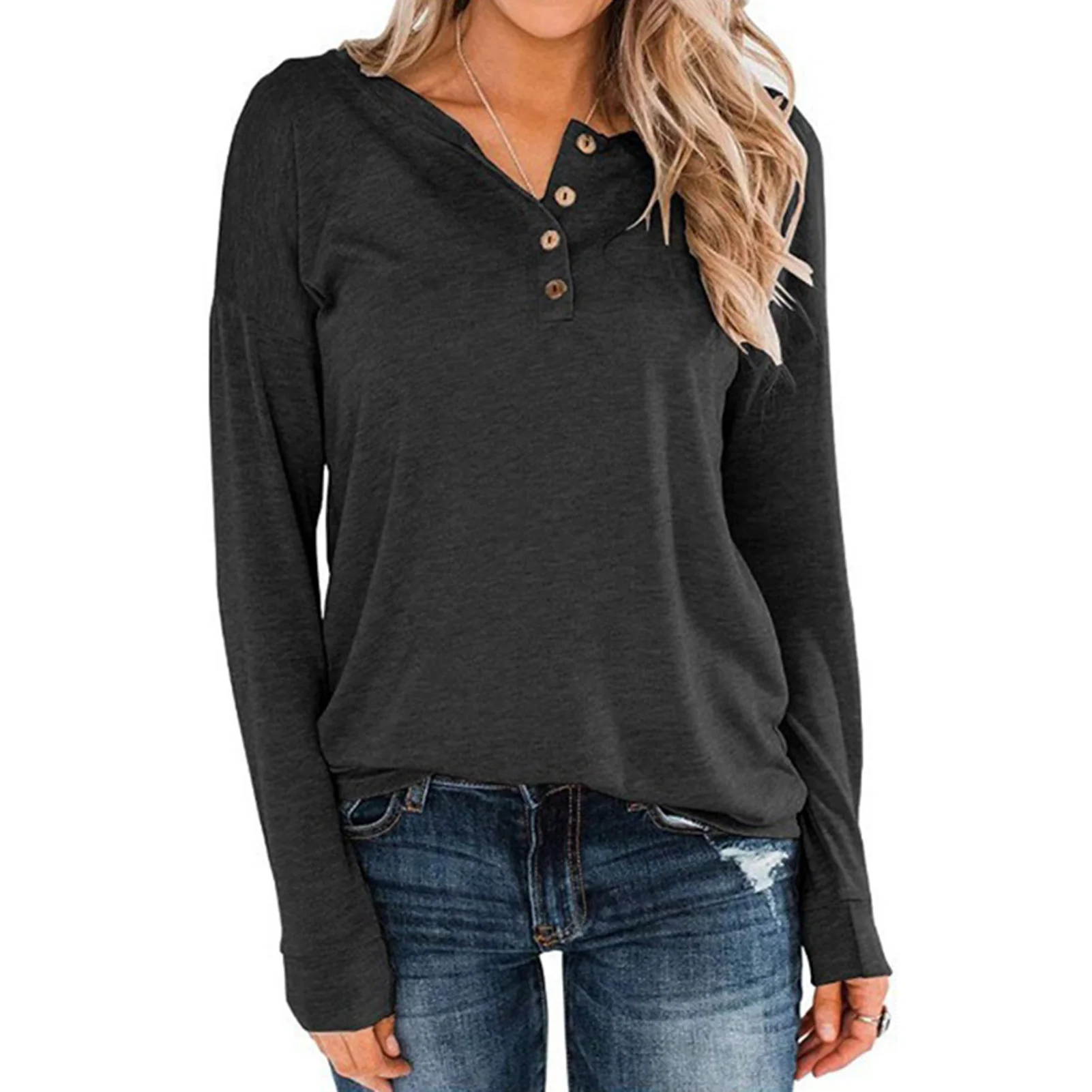 

Women Long Sleeve Button Tops Solid Color Knitted Long Sleeve Tops for Shopping Dating Work Office