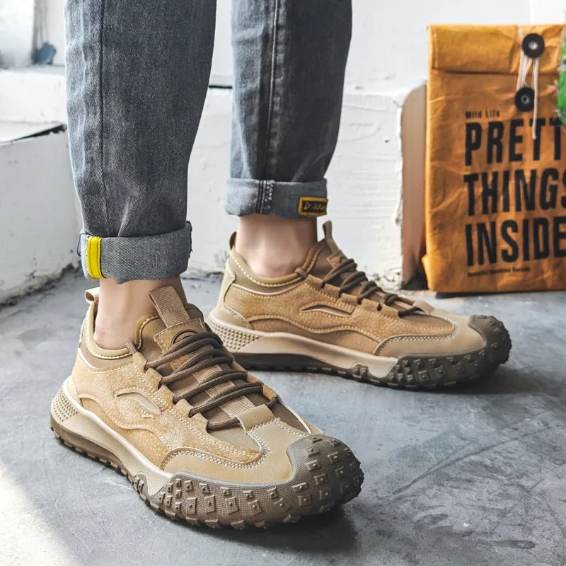 Outdoor Men Hiking Shoes Anti-slip Platform Men Sneakers Retro Leather Jogging Shoes Fashion Wear-resistant Trekking Shoes Male 2