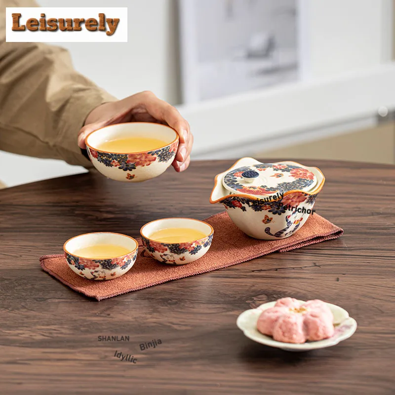 Mineral Rocks White Little Cat Travel Tea Set Kit Traditional 1 Pot 3 Cups Tea Making Organizer Portable Picnic Handbag Craft