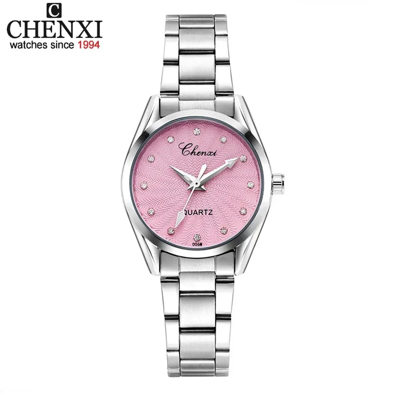 CHENXI Ladies Quartz Wristwatch Round Pink Rhinestone Dial Brand Female Waterproof Stainless Steel Watch Women Dress watches