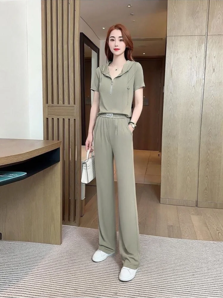 Spring Summer Women's Fashion Sports Suit Hooded Short Sleeve Sportswear High Waist Straight Leg Wide Leg Pants Two Piece Set