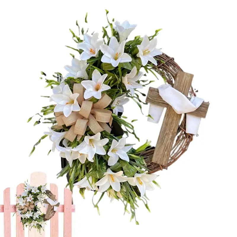 

Easter Cross Wreaths Garland Hanging Ornament for Home Front Door Wall Garden Rustic Wreath with Cross Holiday Decoration