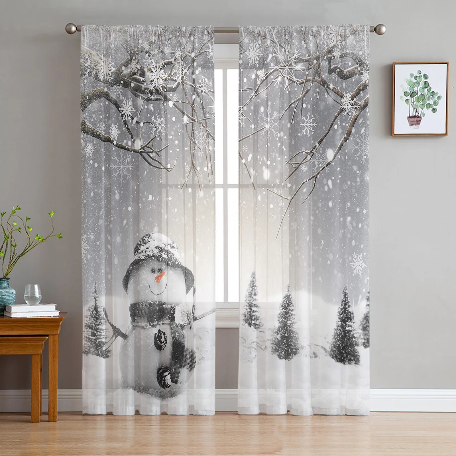 

Christmas Winter Snowman Snowflakes Tulle Curtain for Living Room Bedroom Christmas Decoration Window Voiles Tulle Curtain