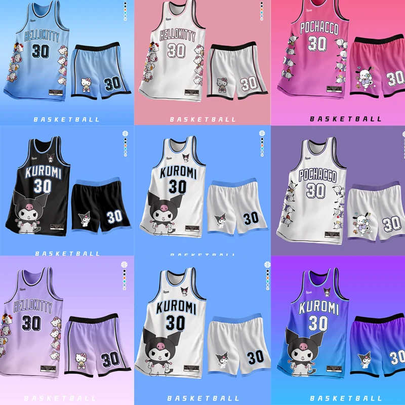 

Новинка, баскетбольная одежда Sanrios Hellokittys Kuromi понравико, мультяшная кавайная детская индивидуальная футболка, модная аниме футболка