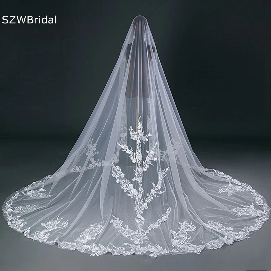 

New Arrival White Ivory Cathedral Wedding veils Velos de novia Lace Applique Bridal veils Bride wedding accessories Mariage Boda