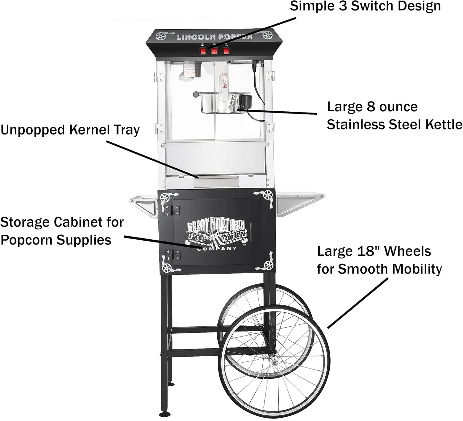 Popcorn Machine with Cart - 8oz Popper with Stainless-Steel Kettle, Warming Light, a(Black) 3