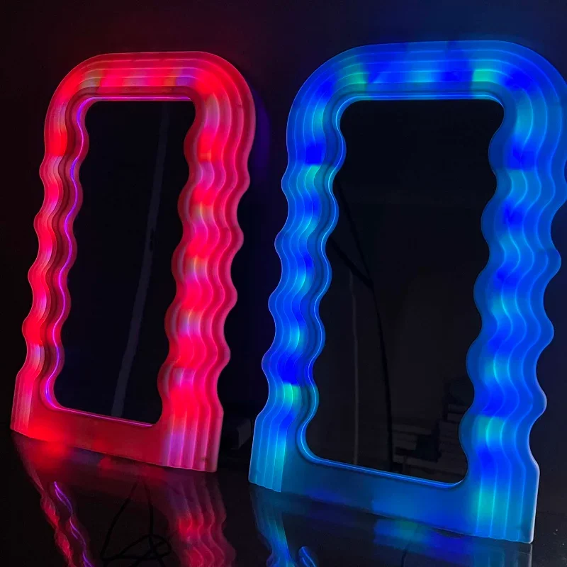 

Led Styling Mirror Wave Korean Pink Bedroom Bath Mirrors Aesthetic Dressing Specchio House Decoration Living Room Decoration