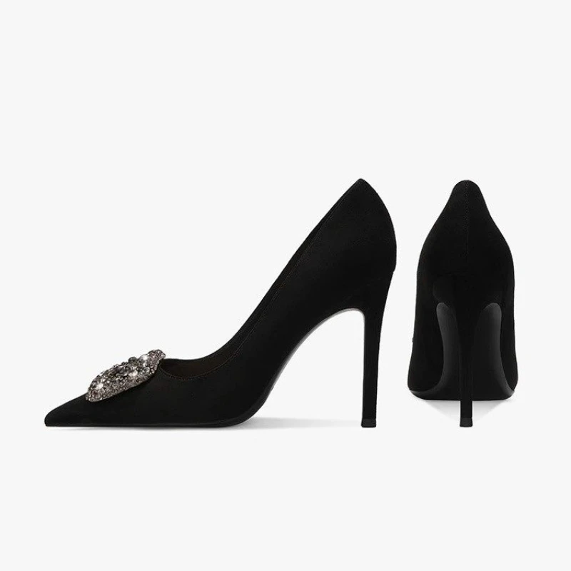 Designer Women 7cm 9.5cm Takron High Heels Silk Pump Office Women Nailed Toe Flash Crystal Buckle Black High Heels 2