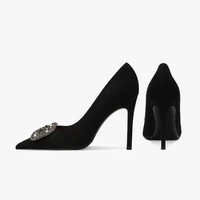 Designer Women 7cm 9.5cm Takron High Heels Silk Pump Office Women Nailed Toe Flash Crystal Buckle Black High Heels 2