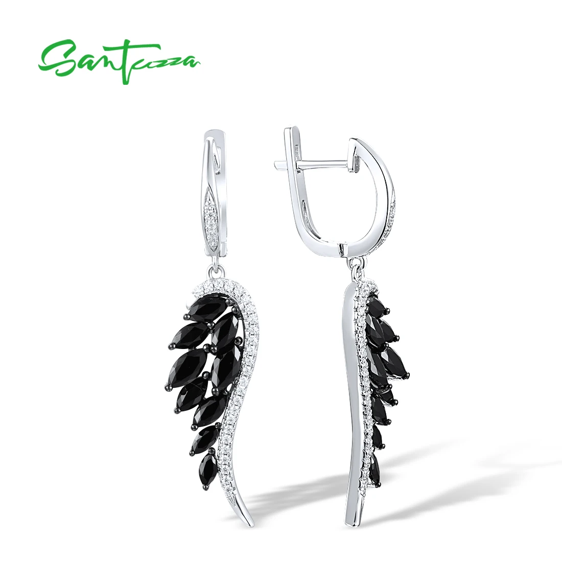 SANTUZZA 925 Sterling Silver Earrings For Women Sparkling Black Spinel White CZ Angel Wings Drop Earrings Trendy Fine Jewelry