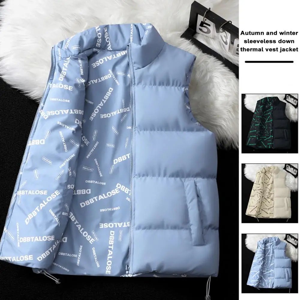 

Stand Collar Jacket Men's Double-sided Printing Cotton Waistcoat with Stand Collar Zipper Placket Pocket Warm for Autumn/winter