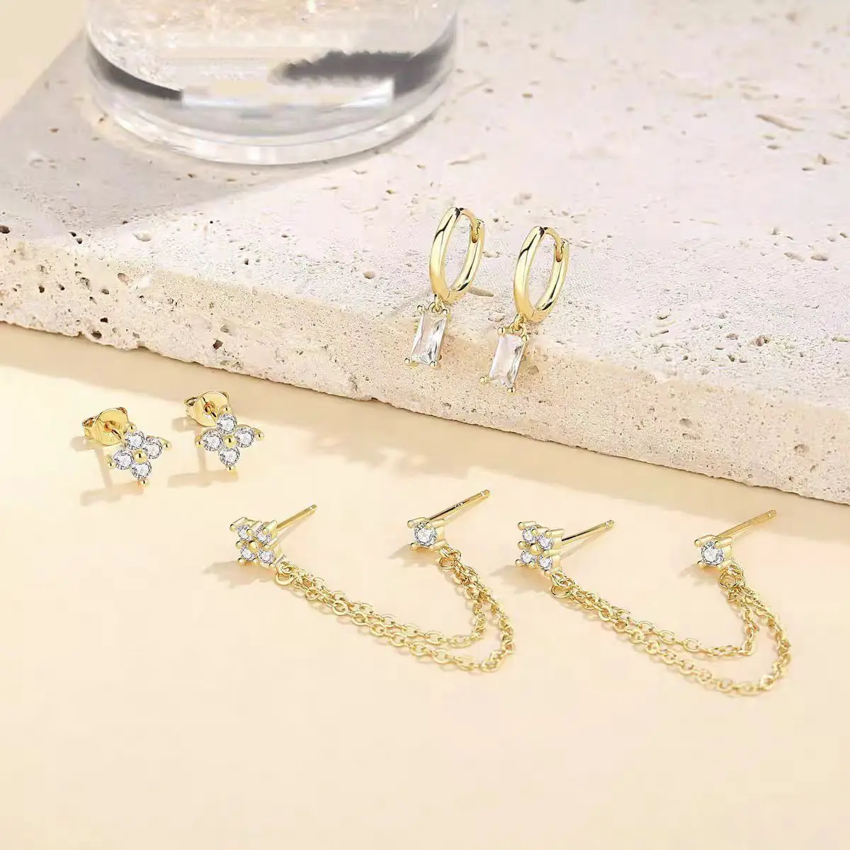 ZAKOL 3pcs Gold Color Stainless Steel Four-Leaf Flower Crystal Stud Earrings Set For Women Exquisite Piercing Jewelry Charm 3