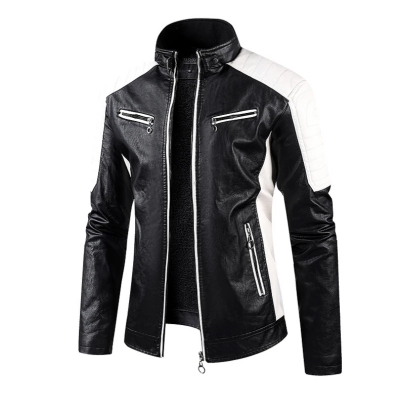 Autumn Winter Men's Slim Fit Plush Warm Leather Jacket Fashion Casual Stand Up Collar Retro Motorcycle Spliced Leather Jacket