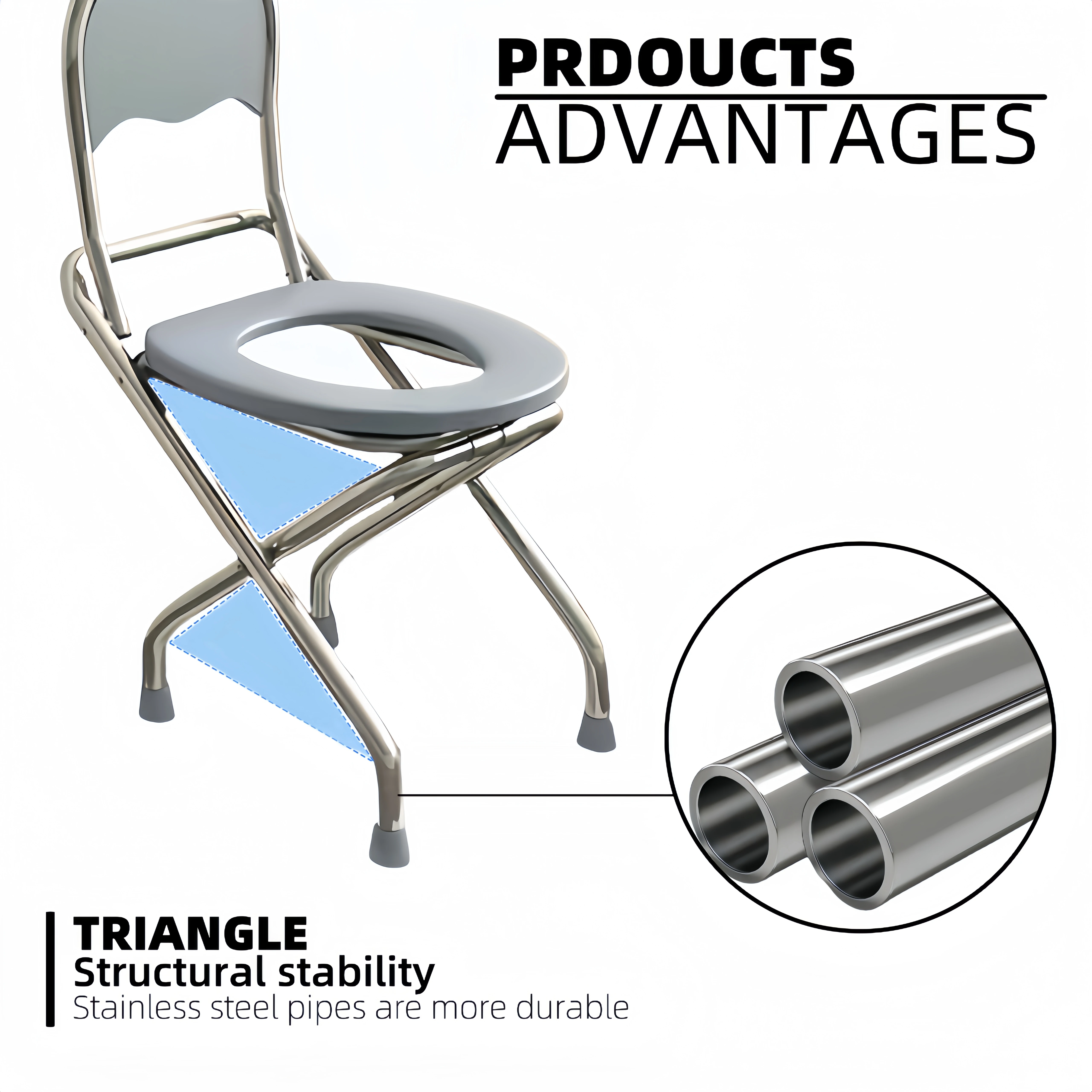 1 Foldable O-shaped Stainless Steel Commode Chair with Backrest
