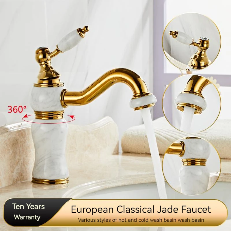 

QIUCI Bathroom Basin Faucets Brass & Jade Sink Mixer Crane Taps Gold Sink Hot & Cold Single Handle Deck Mounted Faucet
