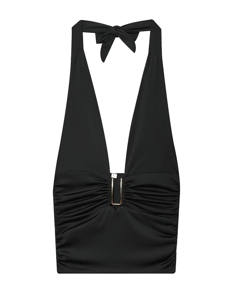 New Halter Tops Fashion Metal Decoration Backless Top Woman 2025 Sleeveless Hanging Collar Short Tops For Women Sexy Party Top