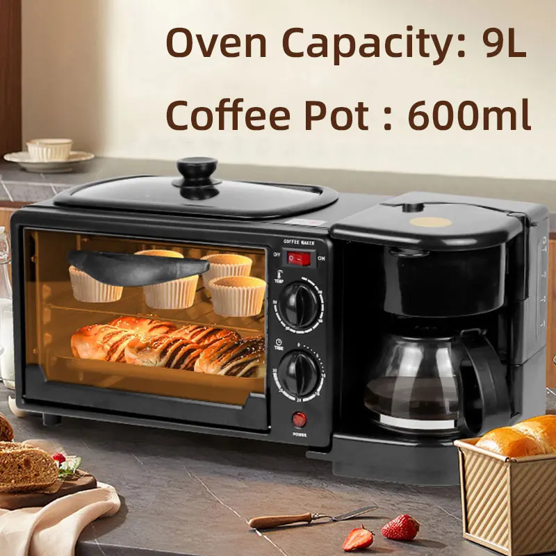3 in 1 Multi-Functional Breakfast Maker,600mL Coffee Machine,9L Capacity Oven,Non Stick Coating Pan，Household Kitchen Appliances