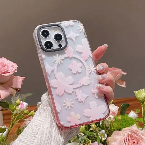 Sakura Flower Pink Gradient Transparent Border iPhone 13 14 15 Pro Max Case with MagSafe