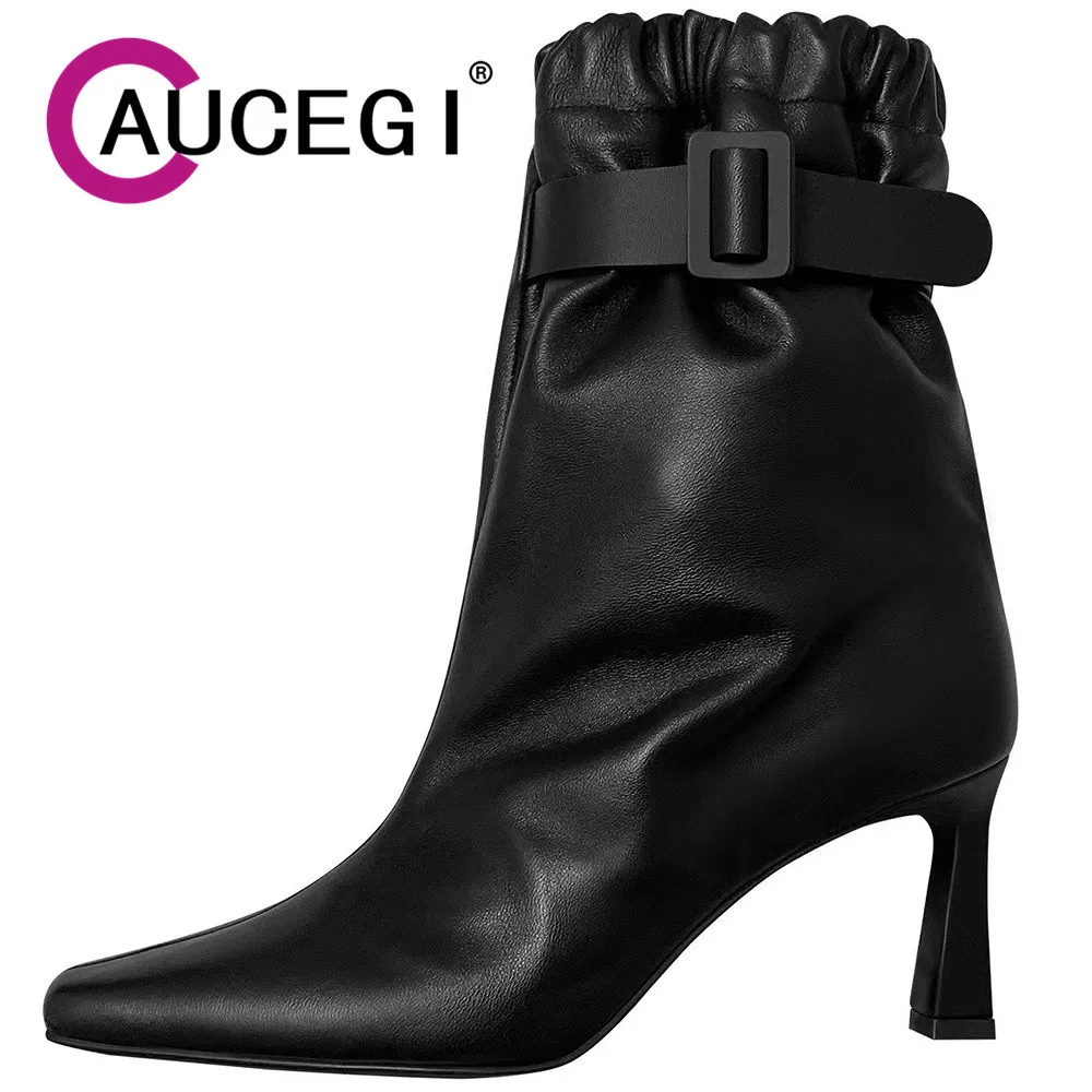 

Aucegi Women Pigskin Ankle Boots Pointed Toe Design Fashion Thin High Heels Slip On Sexy Buckle Dress Party Shoes Big Size 34-43