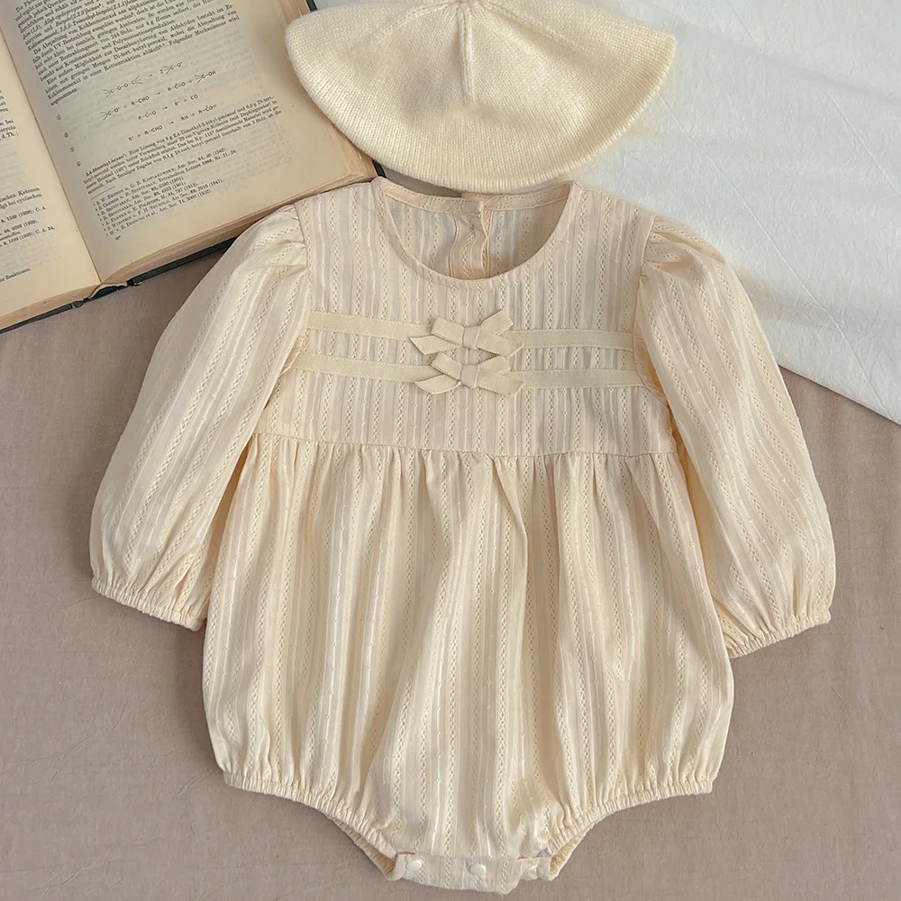 

Ins 2024 Spring Korean Baby Girls Rompers Cotton Solid Long Sleeve Loose Infant Girls Bodysuit Knotbow Toddler Girls Jumpsuit