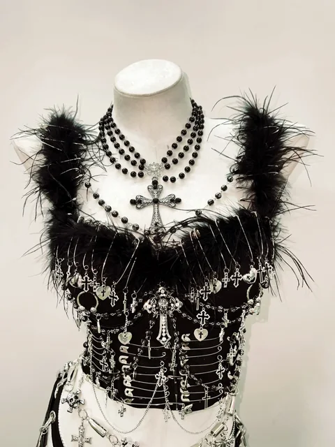 Feather Trim Metal Pendant Crop Top 3
