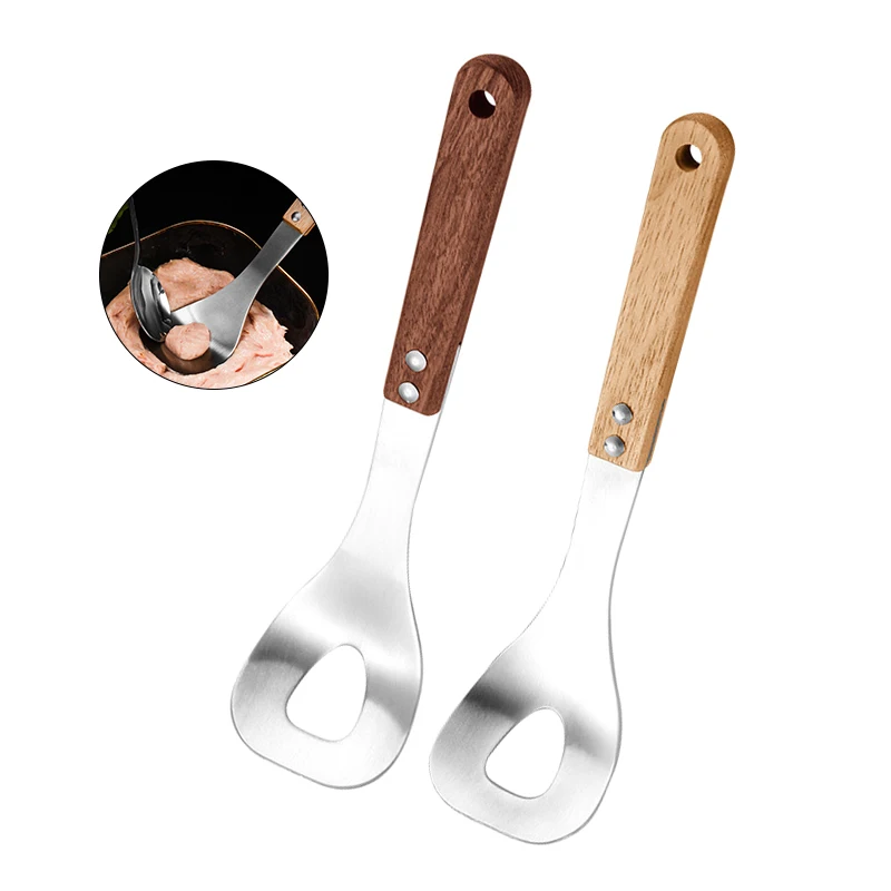 Stainless Steel Meatballs Spoon Wooden Handle Non-Stick Meatball Maker Kitchen Meat Manual Food Processorle Fish Balls Utensils