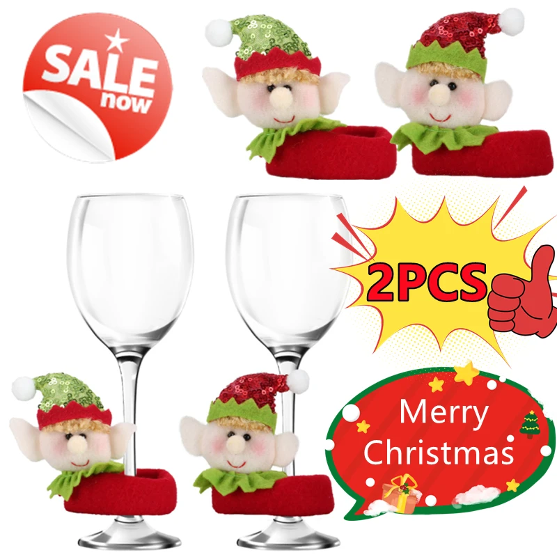

2Pcs Merry Christmas Glass Wine Cup Ring Christmas Decorations Elf Doll Home Santa Wine Glass Table Xmas Happy New Year 2024