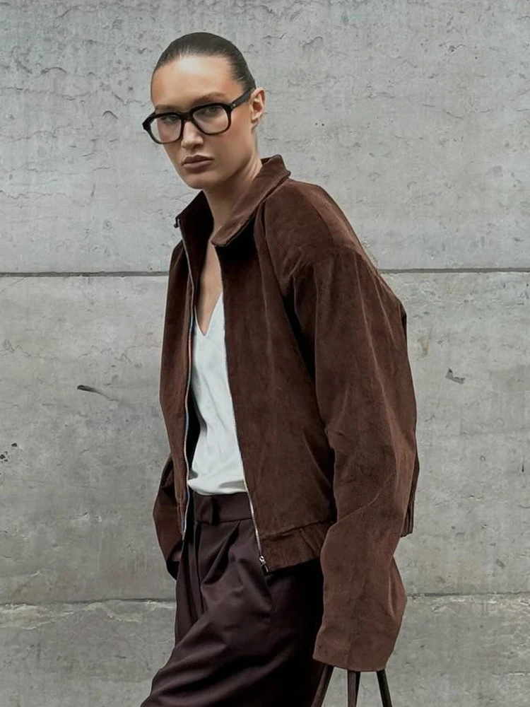 Bornladies Women's New Cotton Retro Brown Corduroy Jacket Lapel Collar Trendy Zip Up Autumn Fashion Jackets