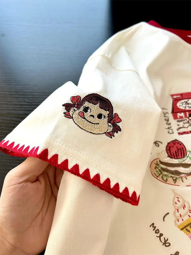 Heavy Embroidery Loose ort Sve T-irt for Women Cotton Breathable Summer Casual Top f Sve Creative Design