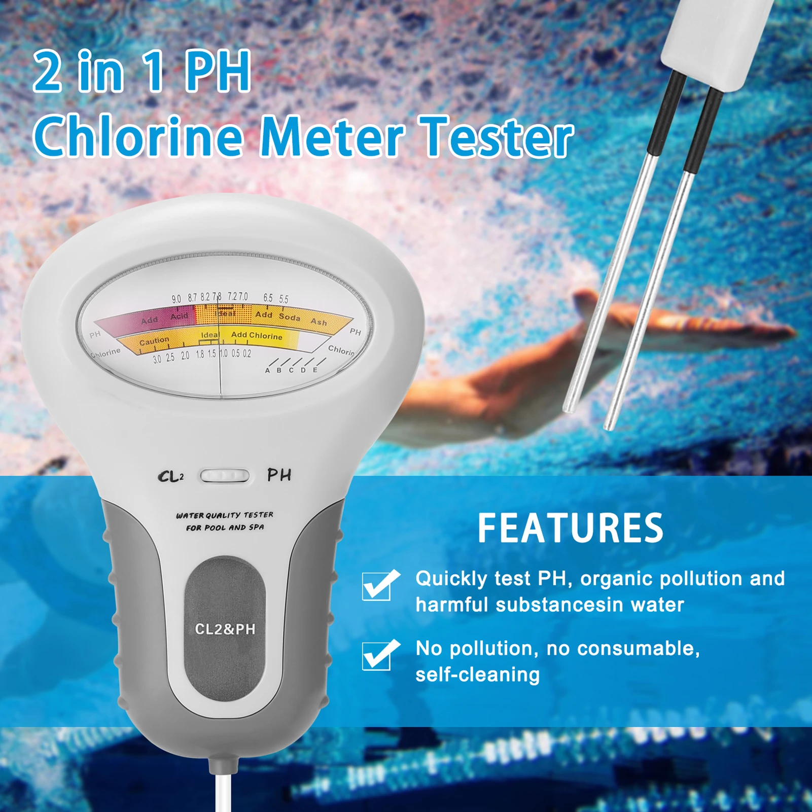 Kkmoon 2 In 1 Ph Chlorine Meter Tester Chlorine Water Quality Testing