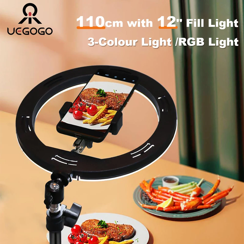 UEGOGO 110cm Phone Tripod with 12''RGB Selfie Ring Light 32cm LED Fill Light Photography Stand Holder For Mobile Phone Youtube