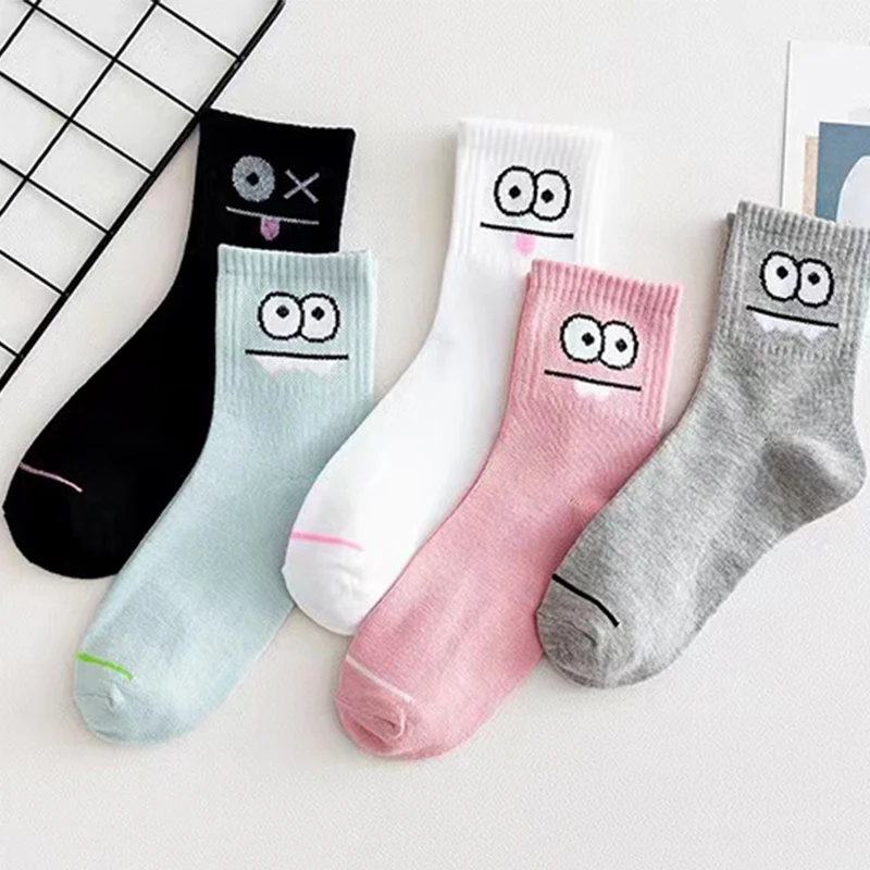 Women Socks Middle Tube Socks Mid Calf Socks Heart Print Socks Cartoon Socks 5 Pairs Cute Expression Print Socks Comfy & Funny All-match Mid Tube Socks