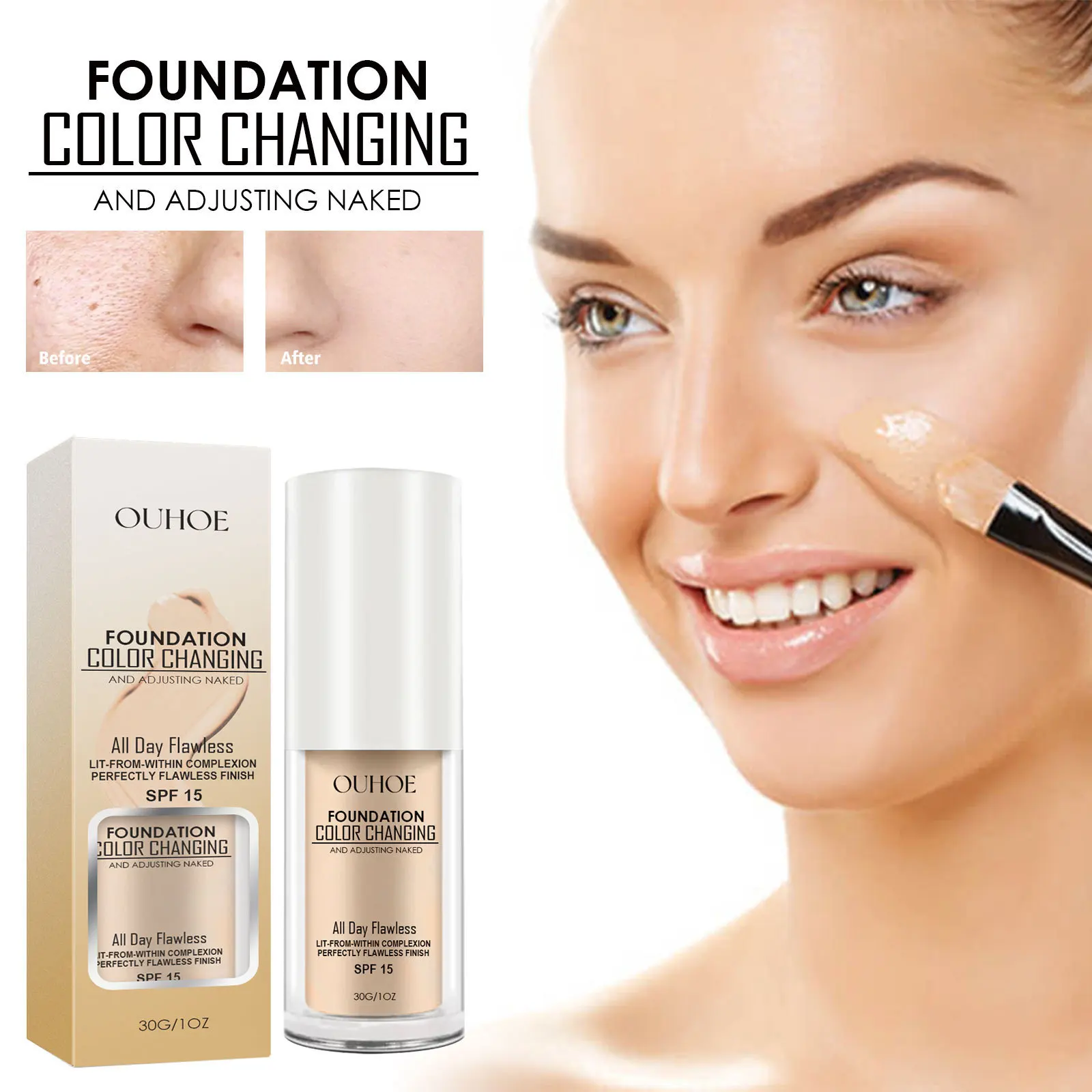 Ouhoe Liquid Foundation Clear Natural Delicate Brightening Skin Color Concealer Base Makeup Sweat-Proof Long Lasting Smear-Proof