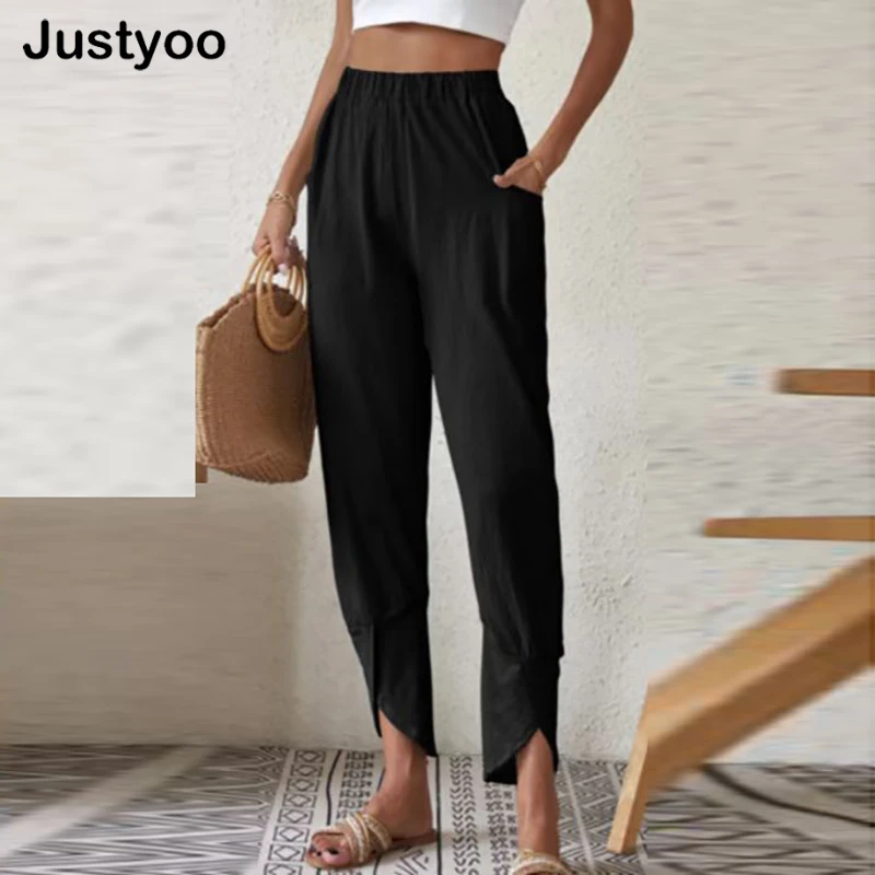 

Summer Pants High Waist Elastic Waistband Irregular Cuffs Women Pants Vintage Solid Color Loose Casual Pants 2023