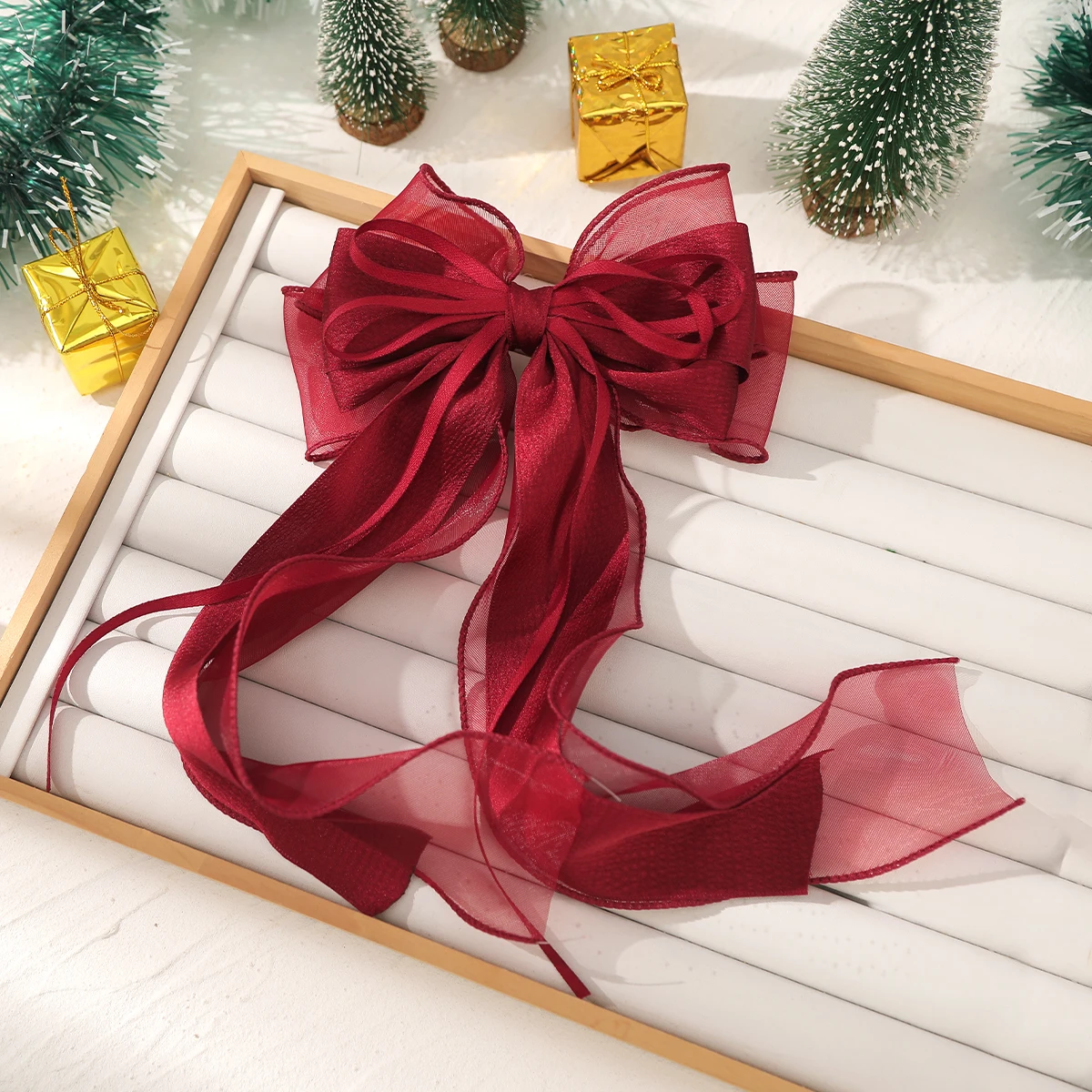 Ladies Wine Red Bow Hair Clip Ribbon Barrettes Clip Girls Bowknot Mesh Yarn Hairpin Women Hair Accessories New Year Gift