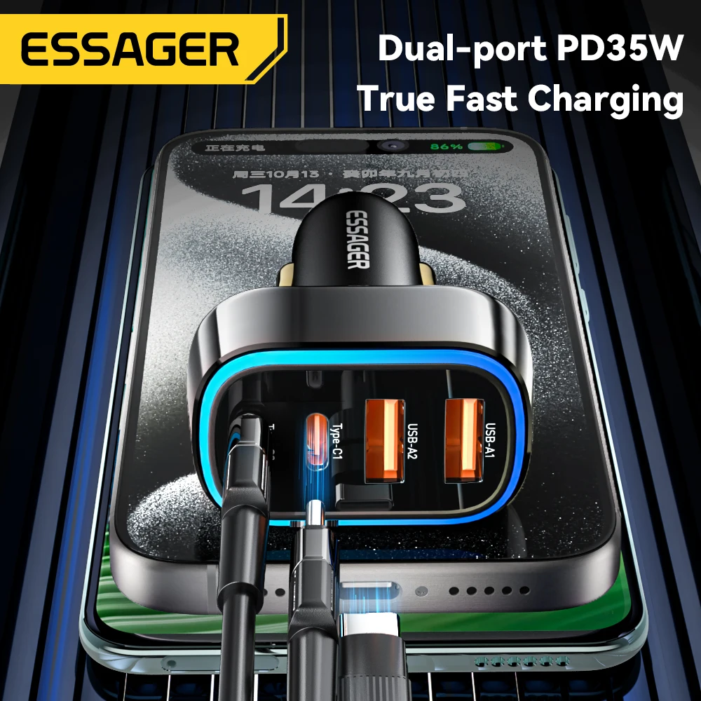 Essager 70W Car Charger Quick Charge 3.0 4.0 PPS USB Type C Fast Charging Car Phone Charger For iPhone 15 14 Xiaomi Samsung S23