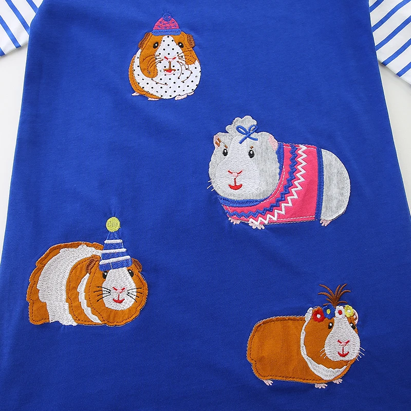 Blue Children's Clothing Kids Clothes 2025 Autumn Girls Long Sleeves Cartoon Animals Striped Casual Dress Cotton