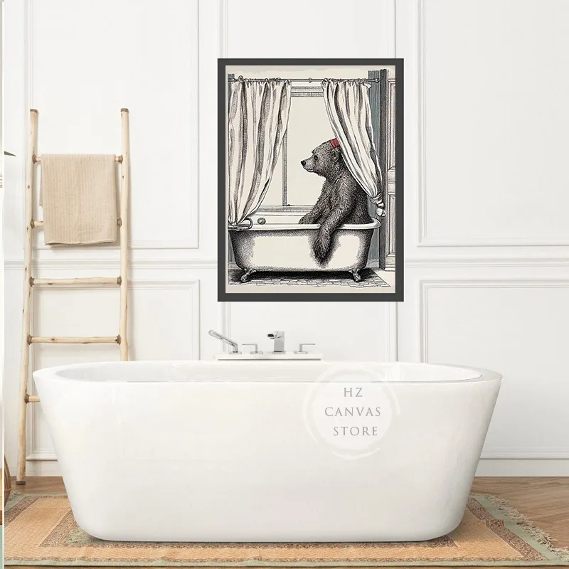 Funny Bear in Bathrobe Penguin Bath Tub Vintage Surreal Poster Animal Canvas Printing Wall Art Picture for Bathroom Toilet Decor