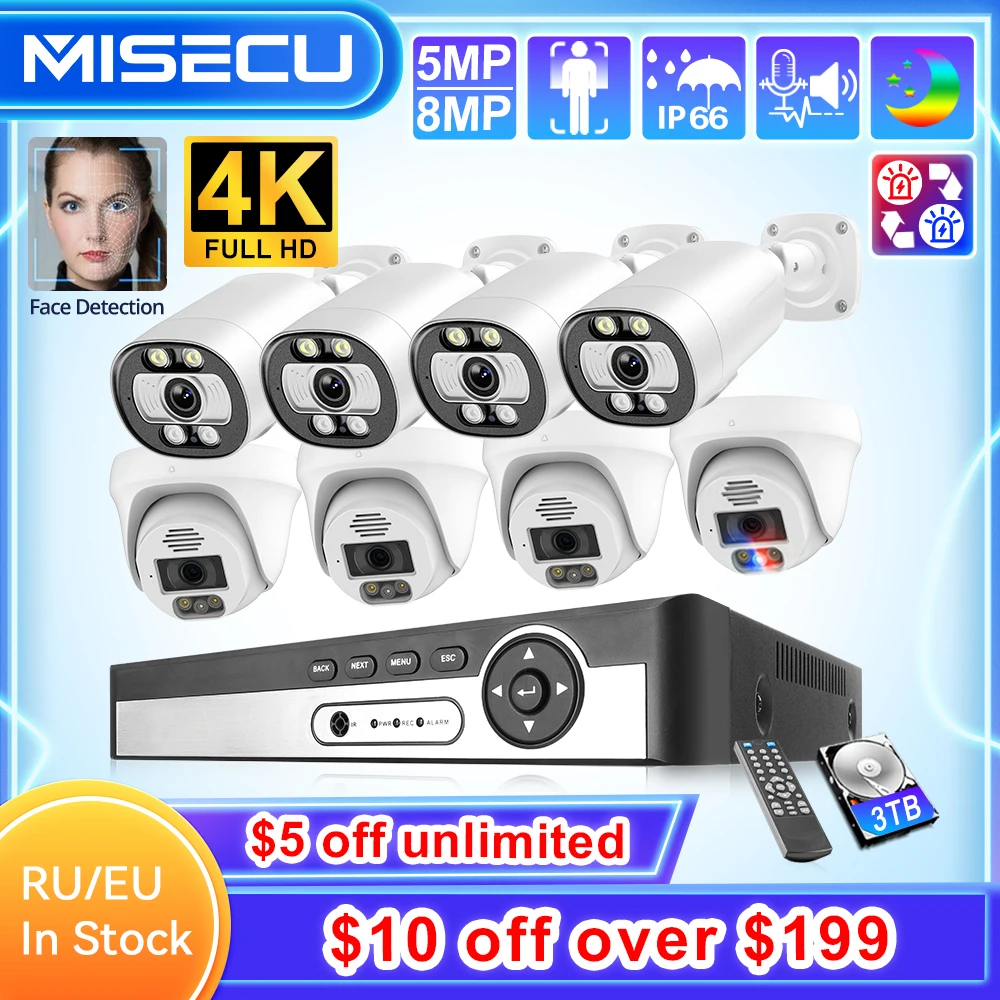 MISECU POE 돔 보안 카메라 시스템, 얼굴 감지, 양방향 통신, 컬러 야간 투시경 감시 보호 키트, 8CH, 5MP
